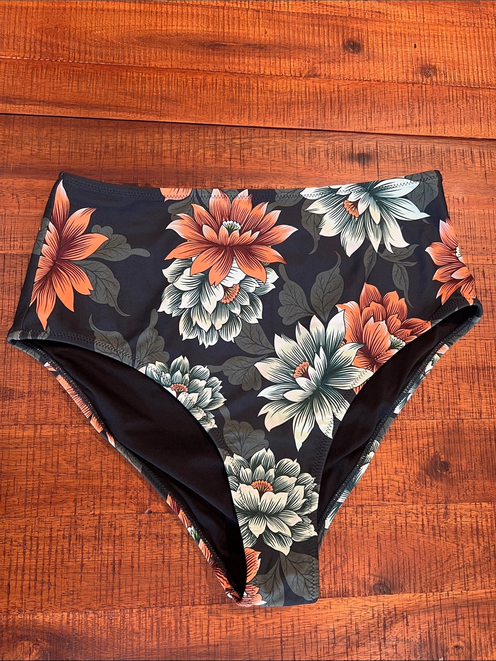 CUPSHEWomen's High-Waist Floral Swim Bottoms - Black with Orange & Cream Flowers
